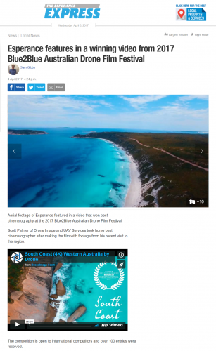 Scott Palmer wins Blue2Blue Australian Drone Film Festival Best Cinematographer in 2017 with Esperance based film South Coast DJI Inspire 1